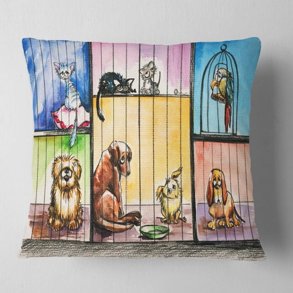Designart Sad Animals in the Pound - Abstract Throw Pillow - 16x16
