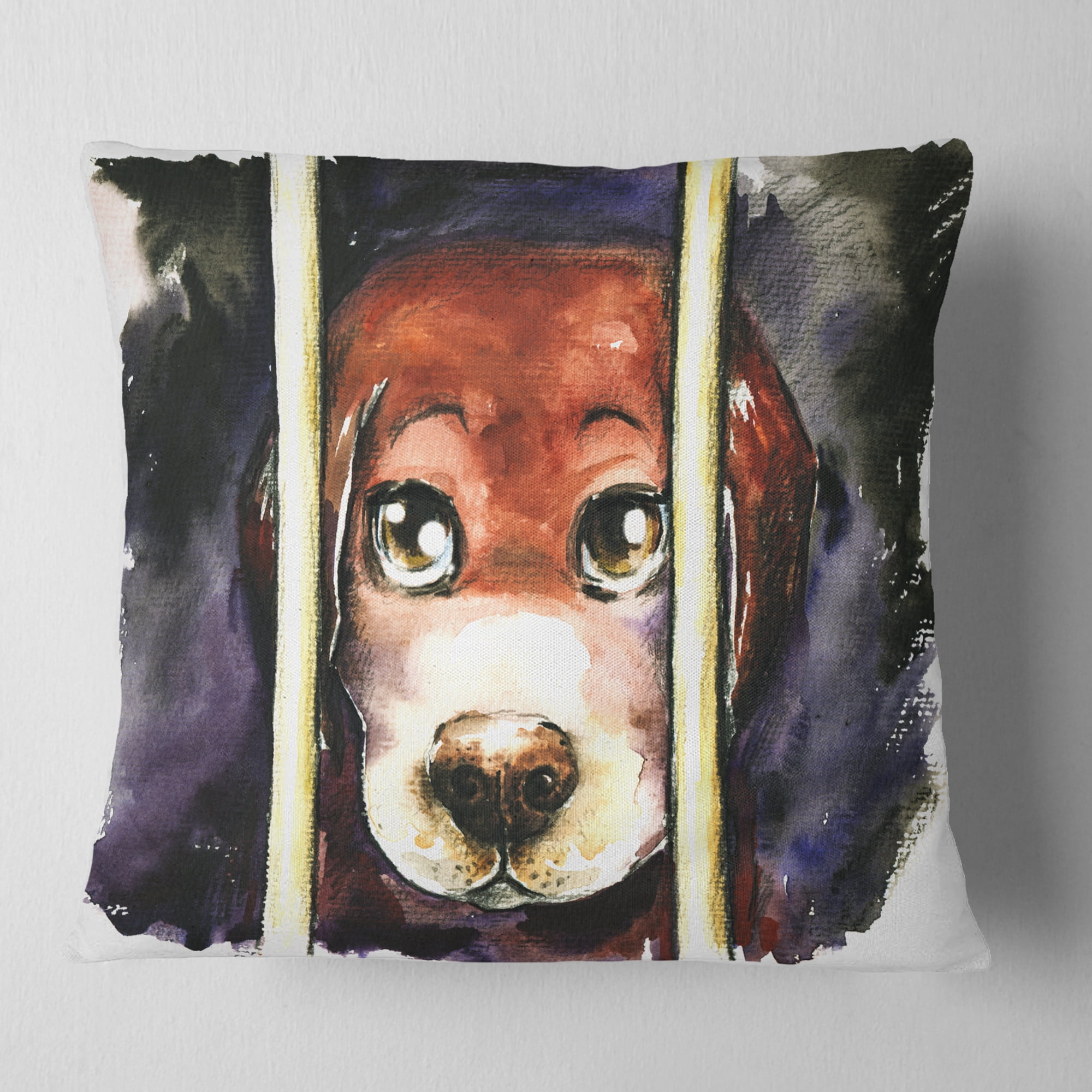 Designart Sad Dog in Animal Shelter - Abstract Throw Pillow - 18x18