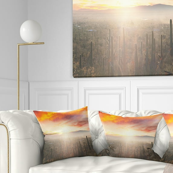 Designart Saguaro Cactus At Colorful Sunset - Landscape Printed Throw Pillow - 16x16