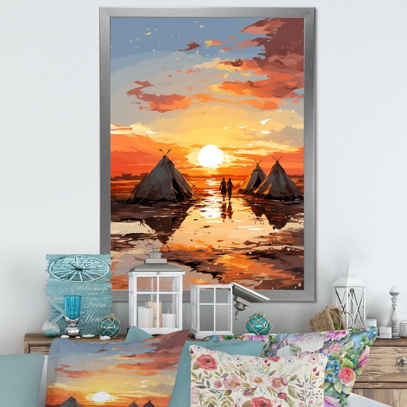 Designart "Sahrawi Tents Landscape III" Landscapes Framed Wall Art - Global Yellow Africa Landscape Entryway Framed Wall Art