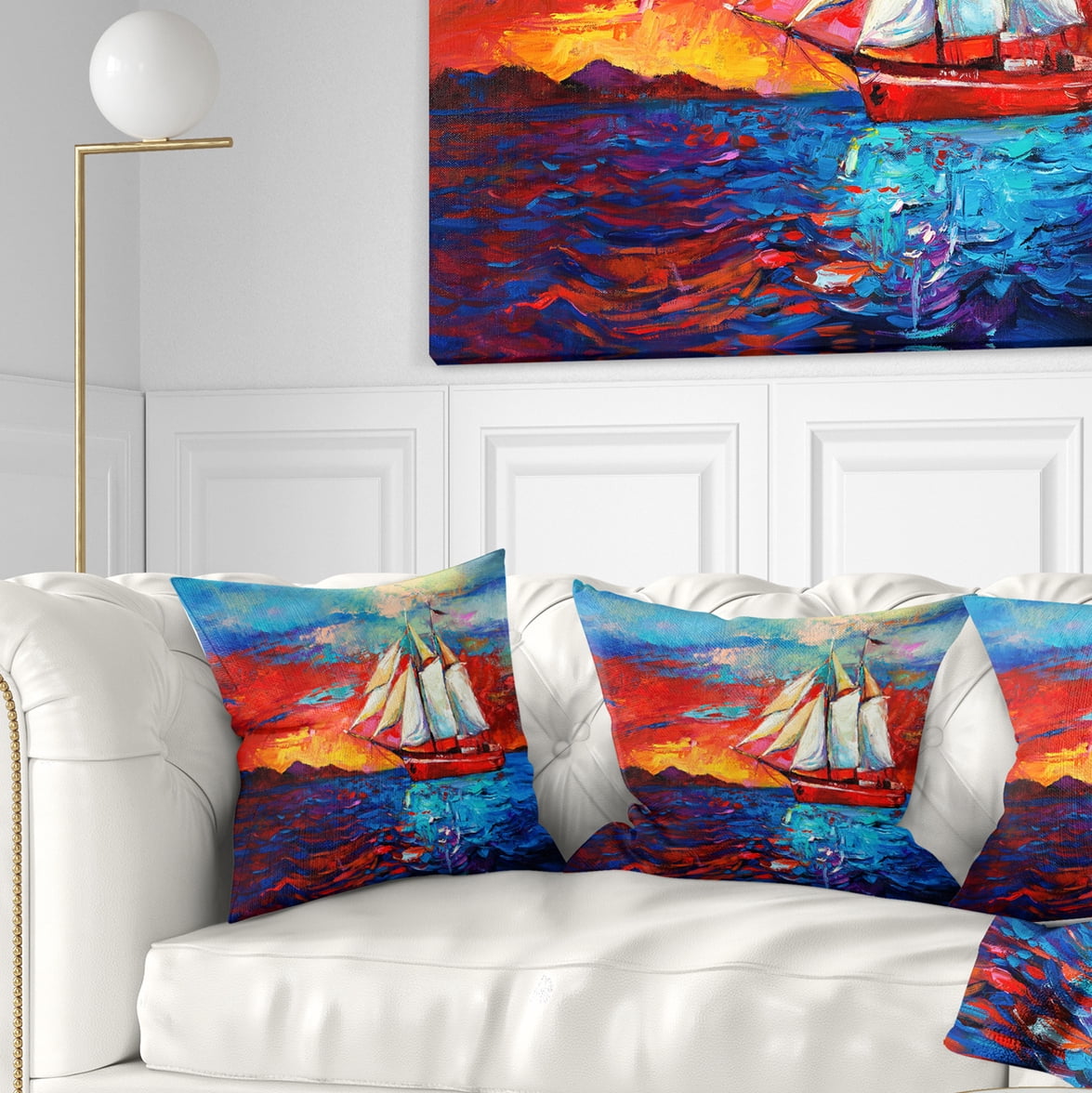 Designart Sail Ship During Sunset - Seascape Throw Pillow - 16x16