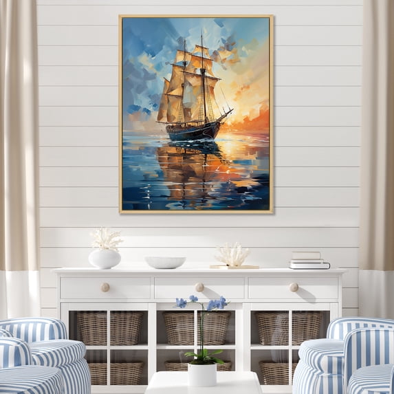 Designart "Sailboat Abstract Maritime Euphony I" Nautical & Beach Floater Framed Canvas Print