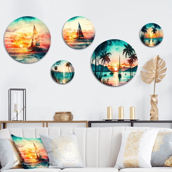 Designart "Sailboat On The Ocean Watercolor Sunset I" Coastal Boat Metal Wall Art Set of 5 Piece