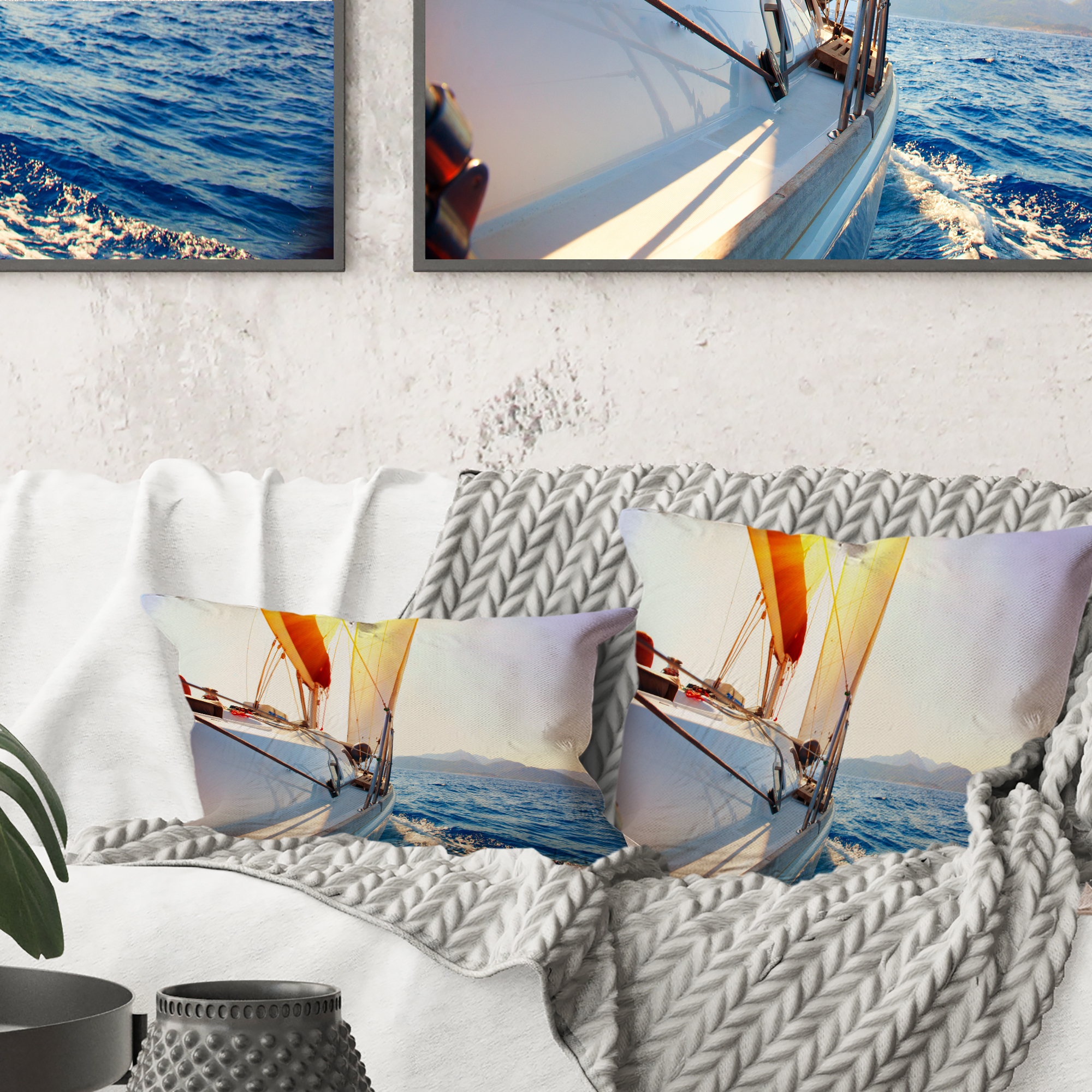 Designart Sailboat Sailing in the Blue Sea - Seashore Throw Pillow - 16x16