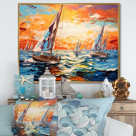 Designart "Sailboat Seascape Euphony II" Sailing Boat Floater Framed Wall Decor