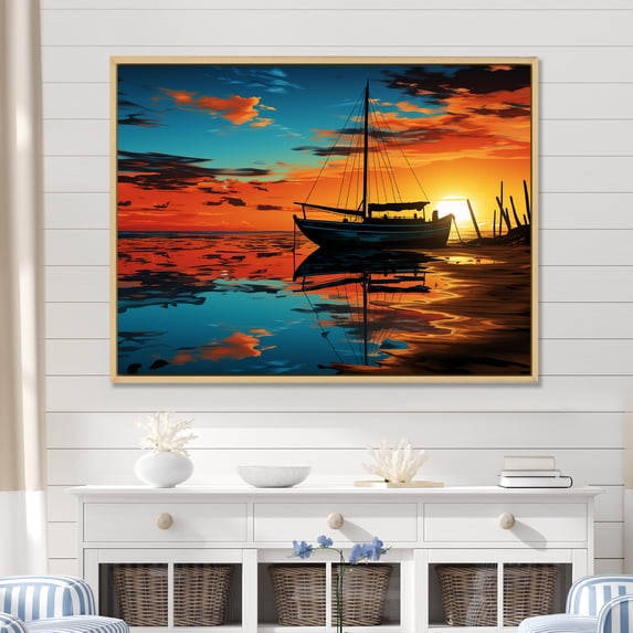 Designart "Sailboat Silhouette at Sunset" Coastal Framed Wall Art - Coastal Yellow Coastal Minimalism Living Room Framed Canvas Art