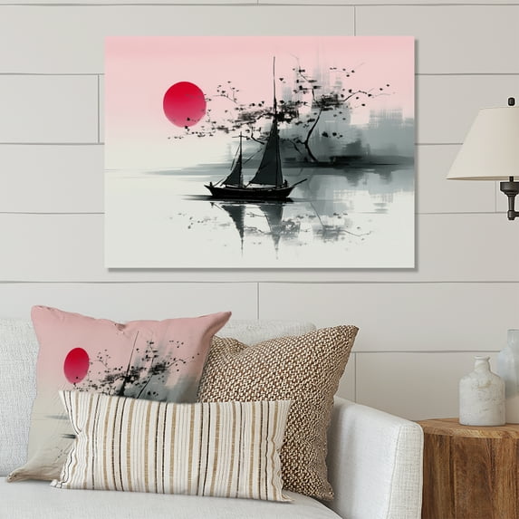 Designart "Sailboat Sumi Asian Painting I" Asian Metal Wall Art Prints