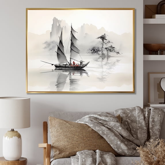 Designart "Sailboat Sumi Asian Painting III" Asian Art Floater Framed Canvas Print