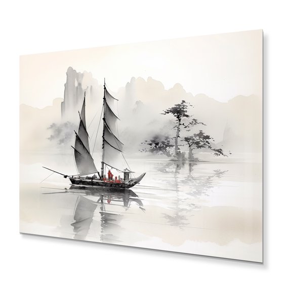 Designart "Sailboat Sumi Asian Painting III" Asian Art Metal Art Print