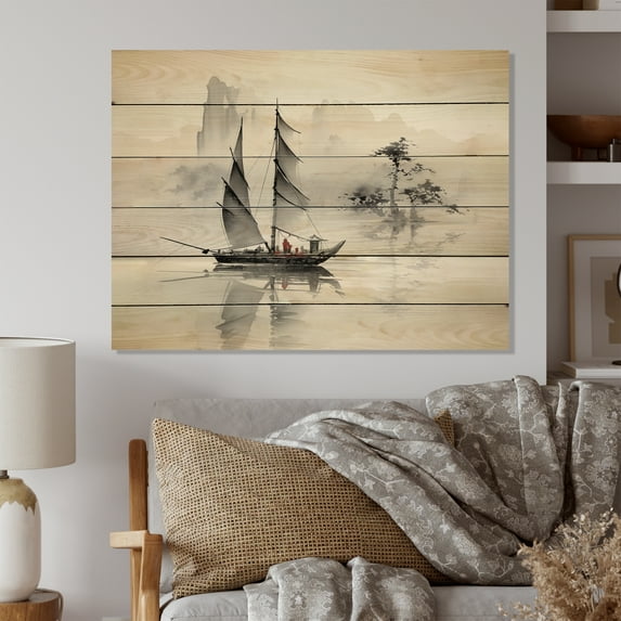 Designart "Sailboat Sumi Asian Painting III" Asian Art Print on Natural Pine Wood