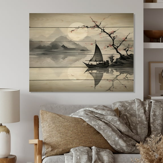 Designart "Sailboat Sumi Asian Painting IV" Asian Art Print on Natural Pine Wood