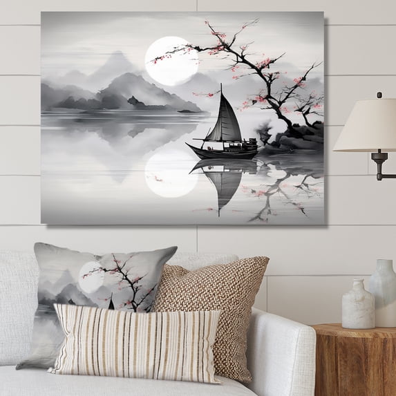 Designart "Sailboat Sumi Asian Painting IV" Asian Art Wall Decor