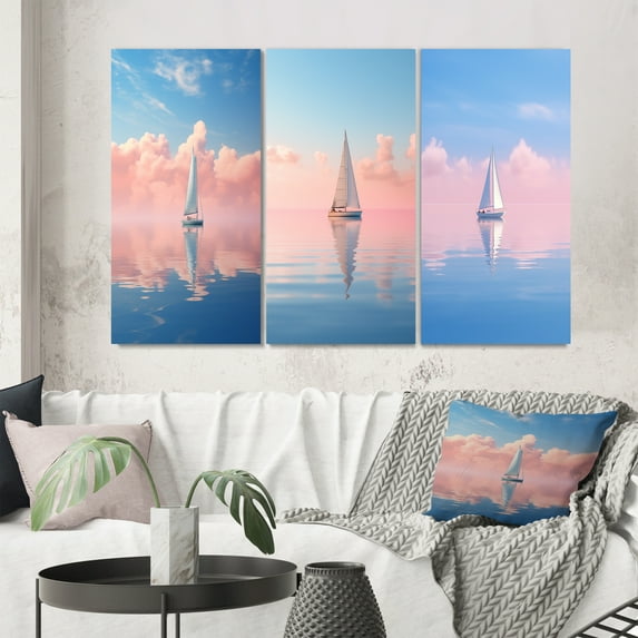 Designart "Sailboat Tranquility with Pastel Sunset Reflection II" Boat Wall Art Set Of 3 - Modern Pink Gallery Wall Set For Home Decor