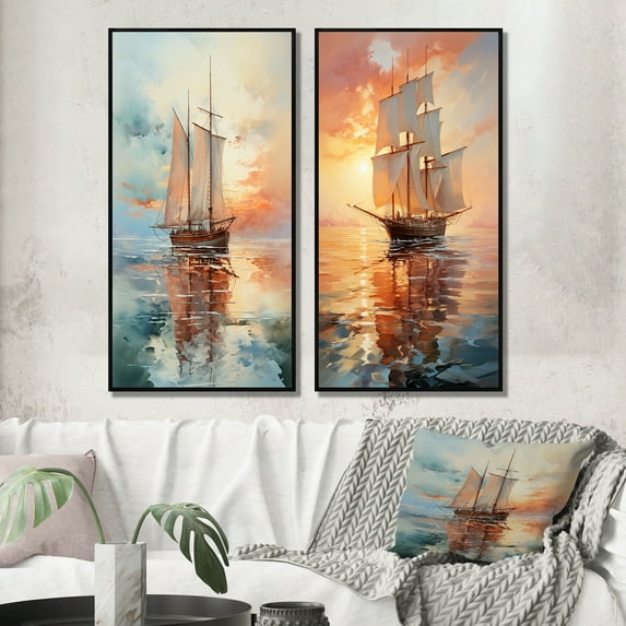 Designart "Sailboat delicate Waters II" Boat Sailing Framed Wall Art Set Of 2 - Multi-Color Transportation Gallery Wall Frame Set For Home Decor