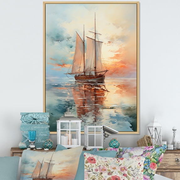 Designart "Sailboat delicate Waters II" Nautical & Beach Floater Framed Wall Decor