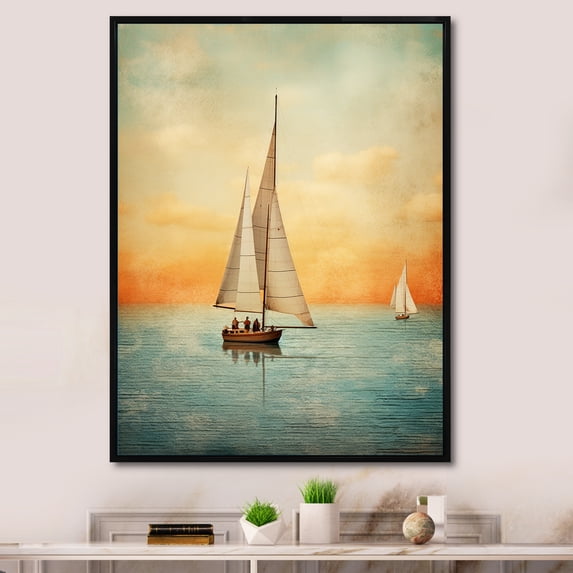 Designart "Sailboat modern Coastline" Nautical & Beach Floater Framed Canvas Print