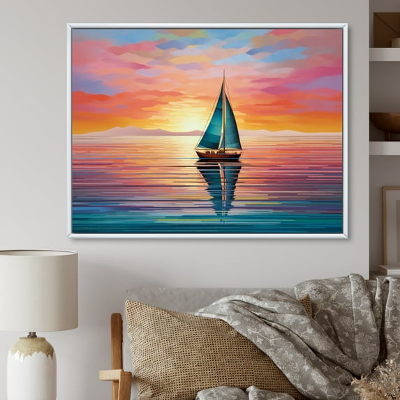 Designart "Sailboat modern Horizon I" Sailing Boat Floater Framed Wall Art Living Room