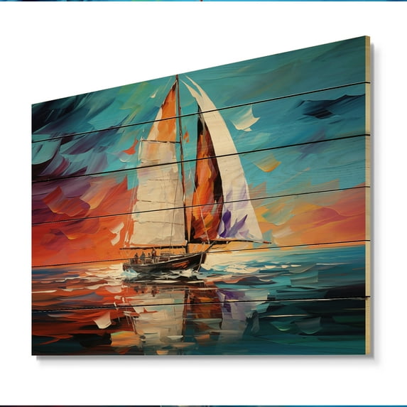Designart "Sailboat modern Maritime I" Sailing Boat Print on Natural Pine Wood