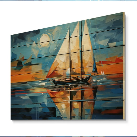 Designart "Sailboat modern Maritime II" Sailing Boat Print on Natural Pine Wood