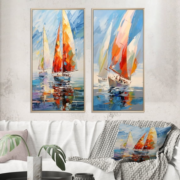 Designart "Sailboat modern Winds II" Boat Sailing Framed Wall Art Set Of 2 - Multi-Color Transportation Framed Wall Art Set Of 2