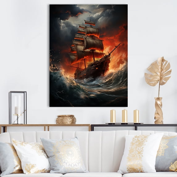 Designart "Sailing Toward a Crimson Horizon" Pirate Canvas Wall Art