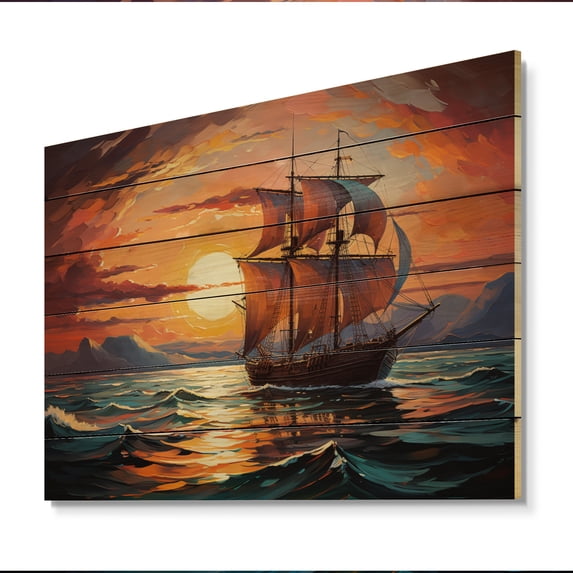 Designart "Sailing Towards Fluid Horizons II" Sailing Boat Print on Natural Pine Wood