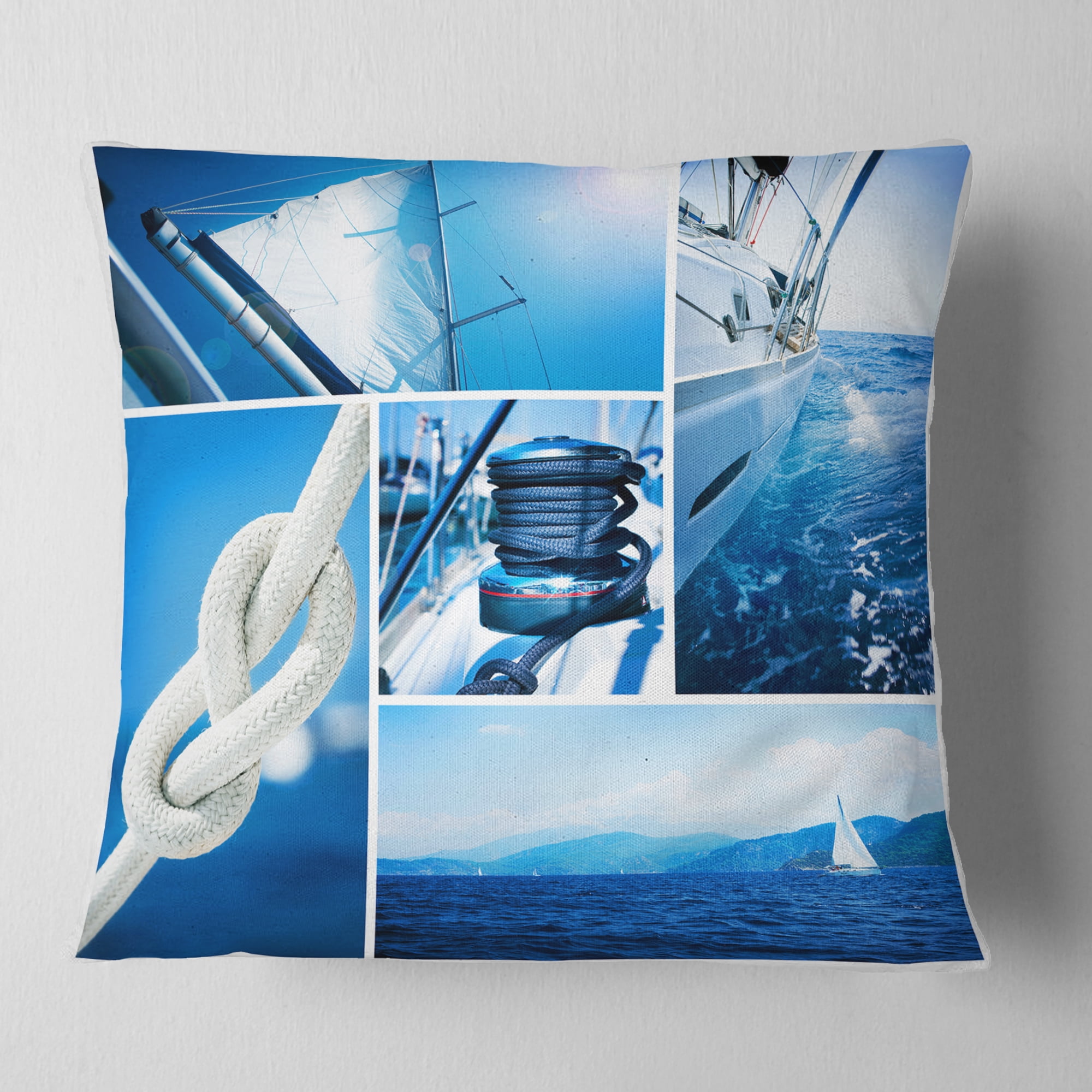 Designart Sailing Yacht in Blue Sea Collage - Seashore Throw Pillow - 18x18