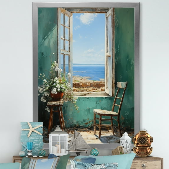 Designart "Sailor's Outlook Coastal Window" Coastal Framed Wall Art - Coastal Green Coastal Windows Bedroom Framed Canvas Wall Art