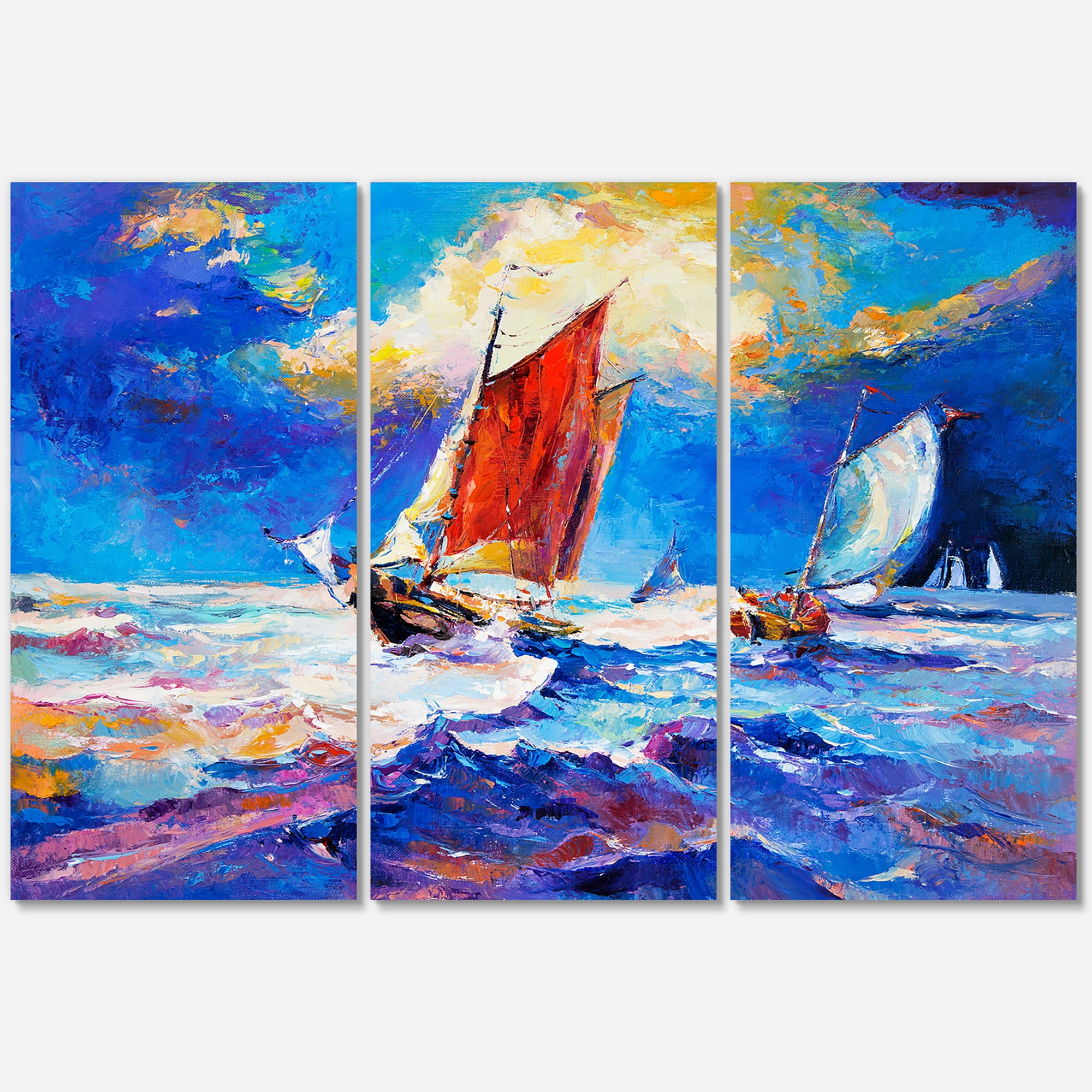 Designart ' Sailships On The Ocean Waves During Evening ' Nautical & Coastal Canvas Wall Art Print
