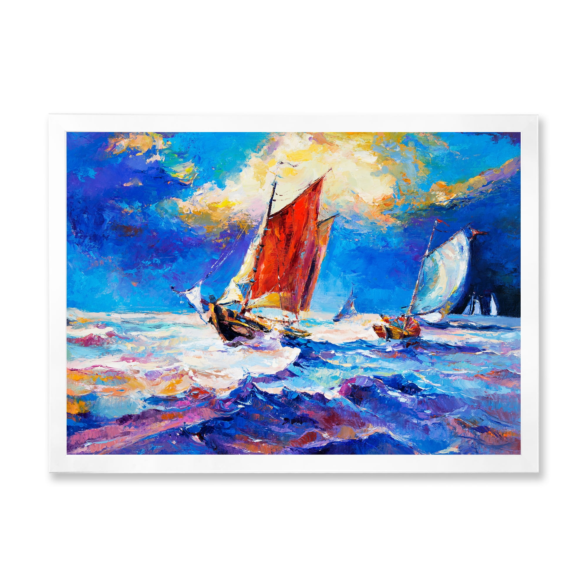 Designart 'Sailships On The Ocean Waves During Evening' Nautical & Coastal Framed Art Print
