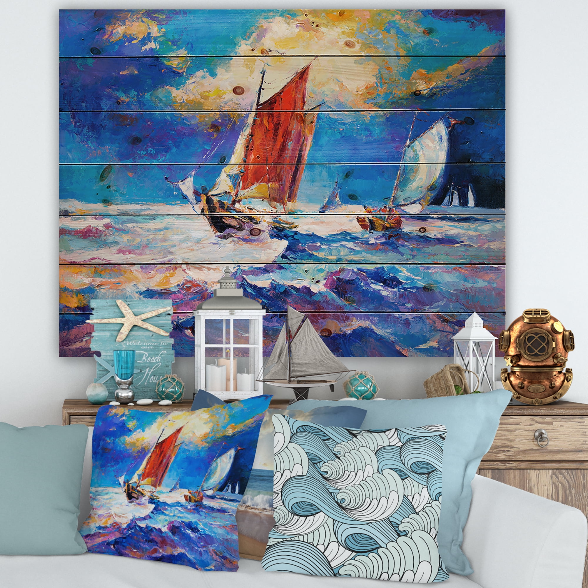 Designart 'Sailships On The Ocean Waves During Evening' Nautical & Coastal Print on Natural Pine Wood