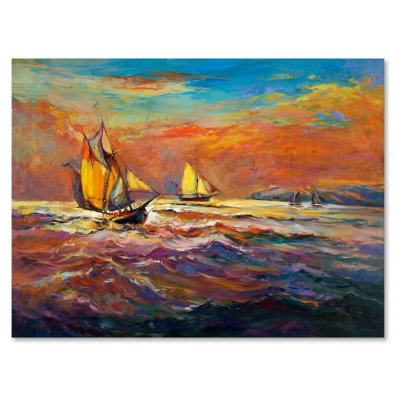 Designart ' Sailships On The Ocean Waves During Orange Evening Glow ' Nautical & Coastal Canvas Wall Art Print