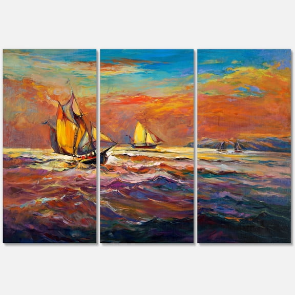 Designart ' Sailships On The Ocean Waves During Orange Evening Glow ' Nautical & Coastal Canvas Wall Art Print