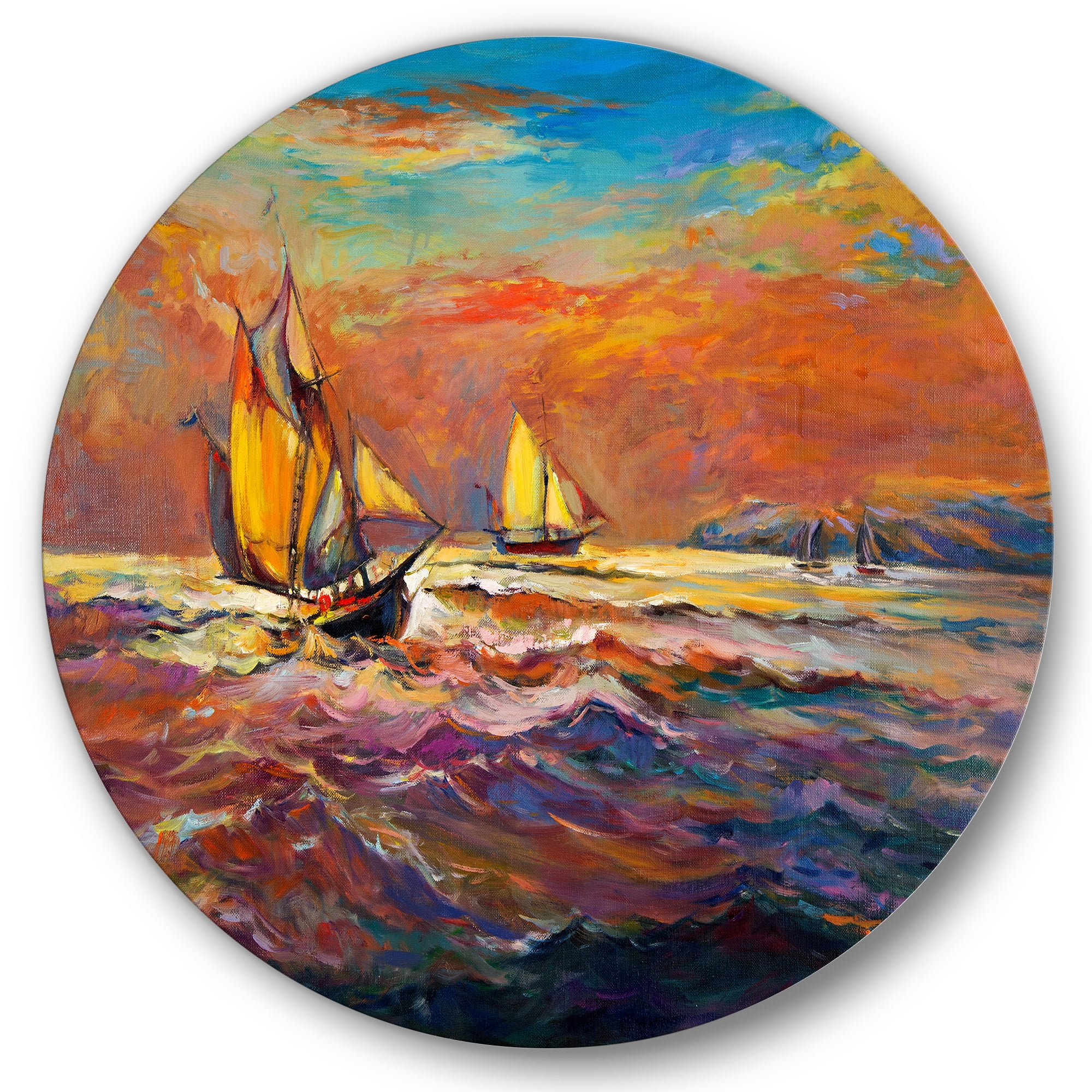 Designart 'Sailships On The Ocean Waves During Orange Evening Glow' Nautical & Coastal Circle Metal Wall Art 36x36 - Disc of 36
