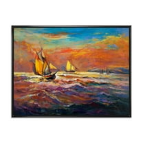 Designart 'Sailships On The Ocean Waves During Orange Evening Glow' Nautical & Coastal Framed Canvas Wall Art Print