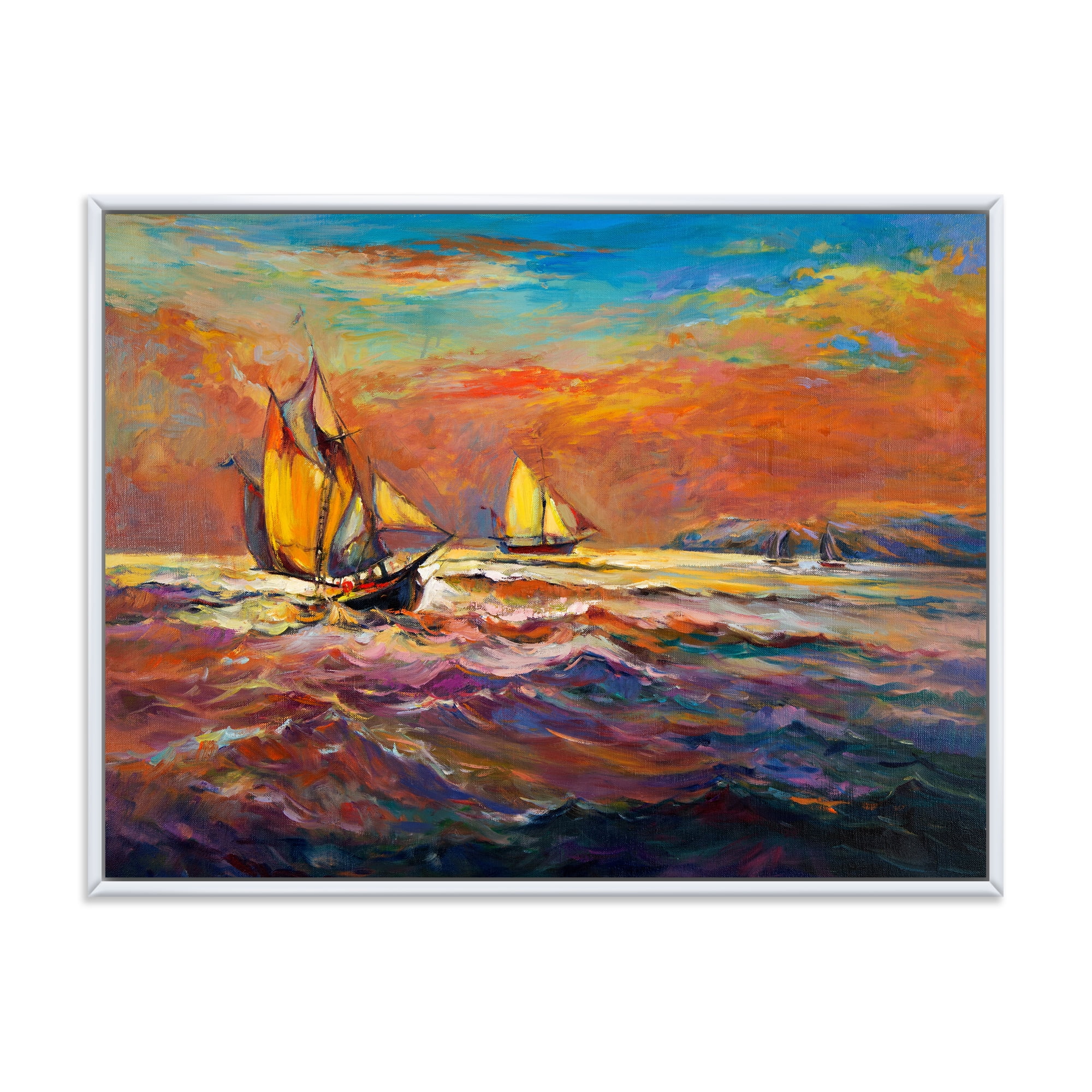 Designart 'Sailships On The Ocean Waves During Orange Evening Glow' Nautical & Coastal Framed Canvas Wall Art Print