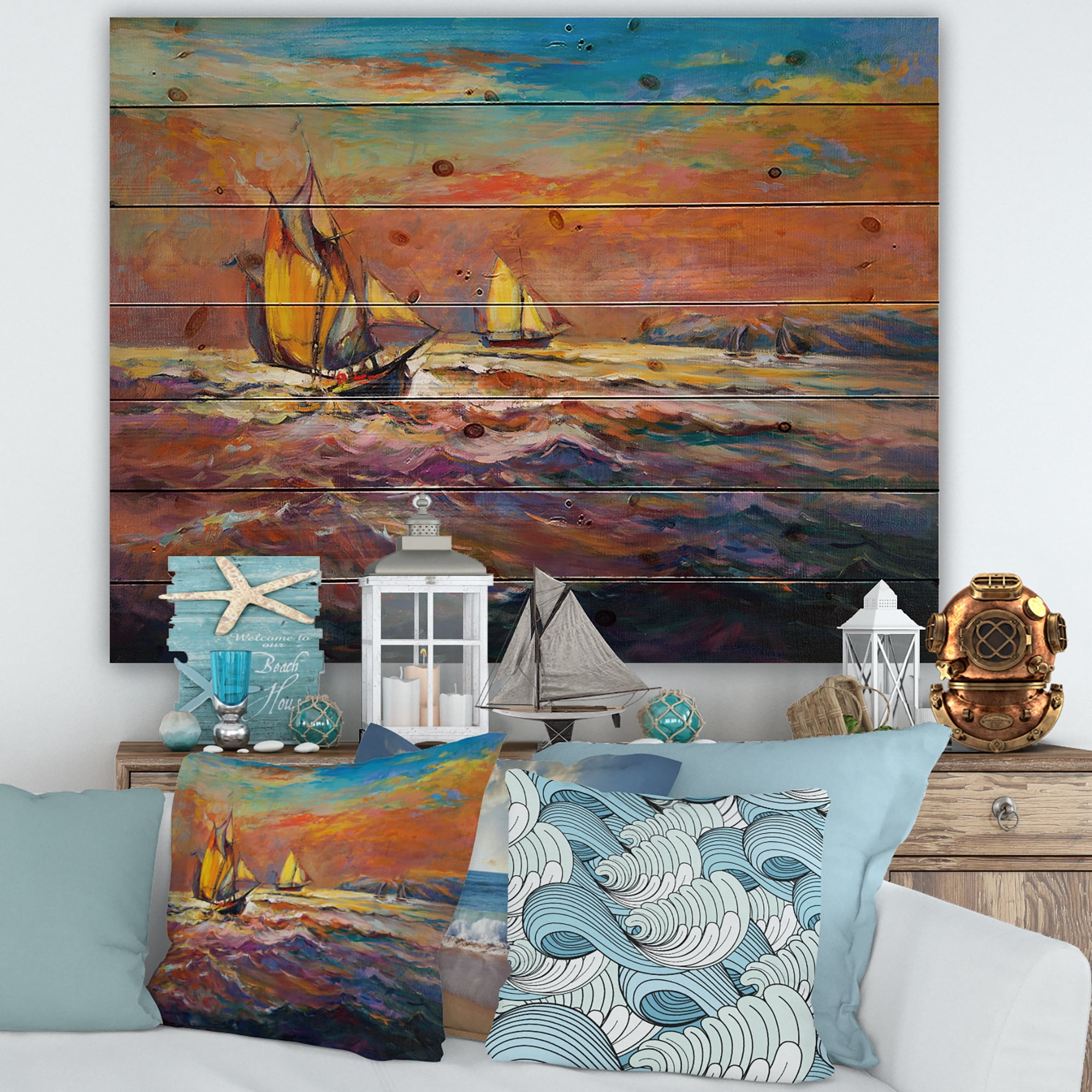 Designart 'Sailships On The Ocean Waves During Orange Evening Glow' Nautical & Coastal Print on Natural Pine Wood