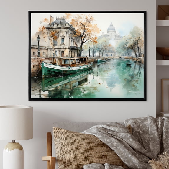 Designart "Saintmartin Reflections Paris Canal wall art I" Cityscapes Floater Framed Canvas Wall Art