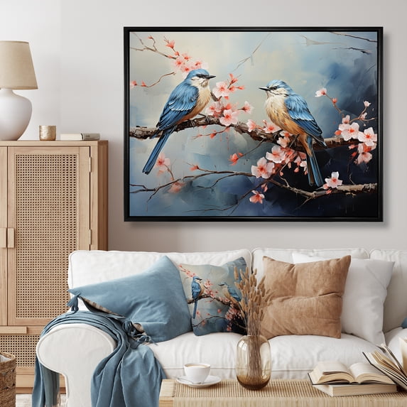 Designart "Sakura Blue Birds Among Pink Blossom Tree" Animals Framed Wall Art - Modern Farmhouse Blue Bird Hallway Framed Wall Art Decor