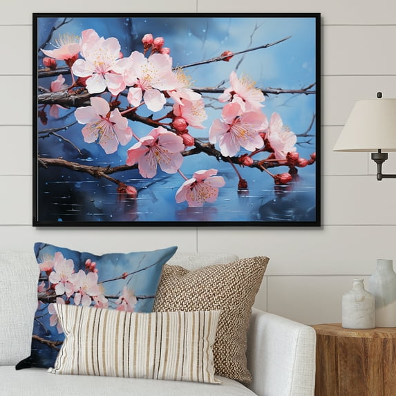 Designart "Sakura Dream Japon Art in Pink and Blue II" Japan Art Floater Framed Wall Decor