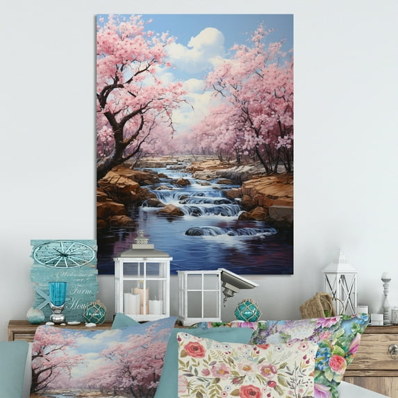 Designart "Sakura Dream Japon Art in Pink and Blue III" Japanese Metal Art Living Room