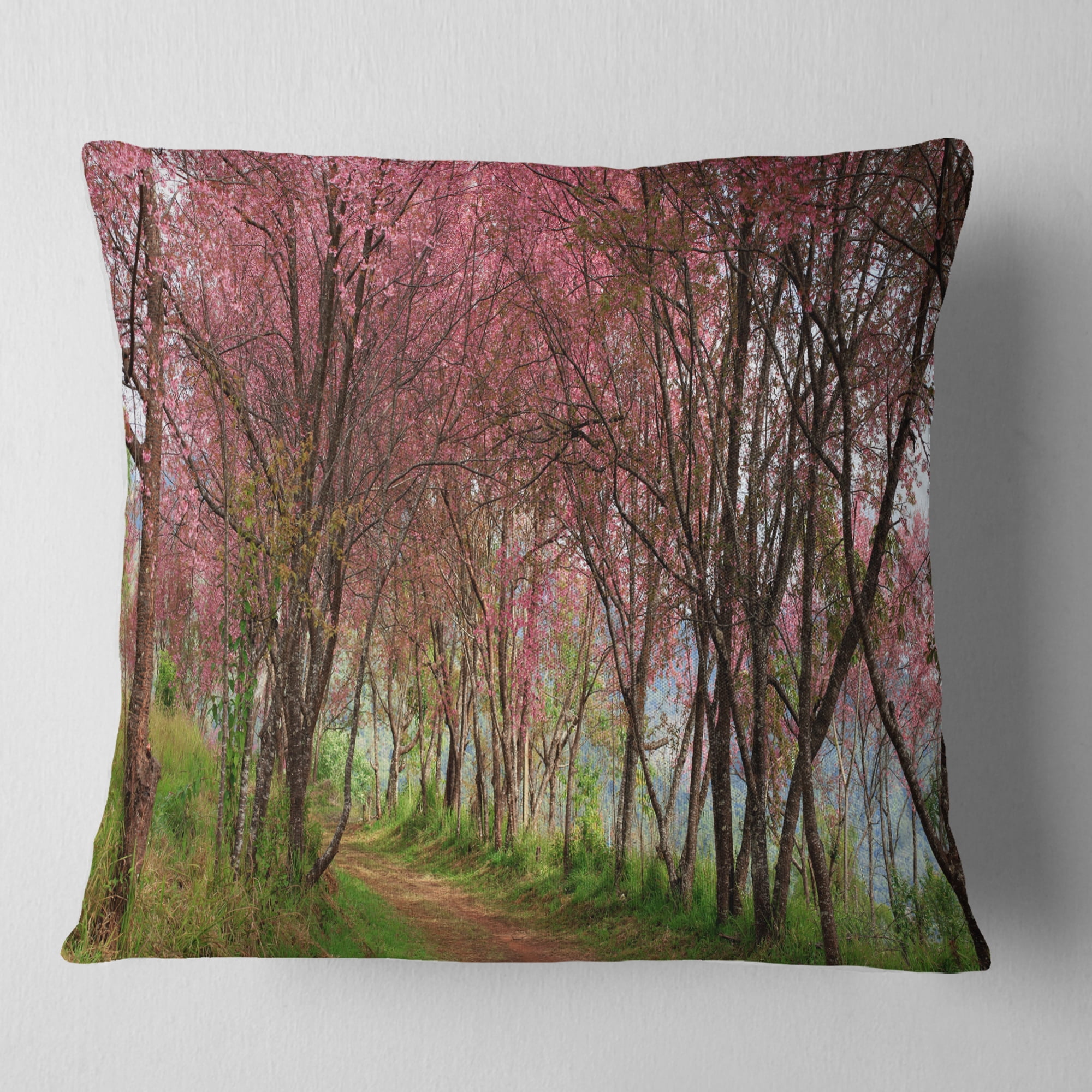 Designart Sakura Pink Flowers in Thailand - Landscape Printed Throw Pillow - 16x16