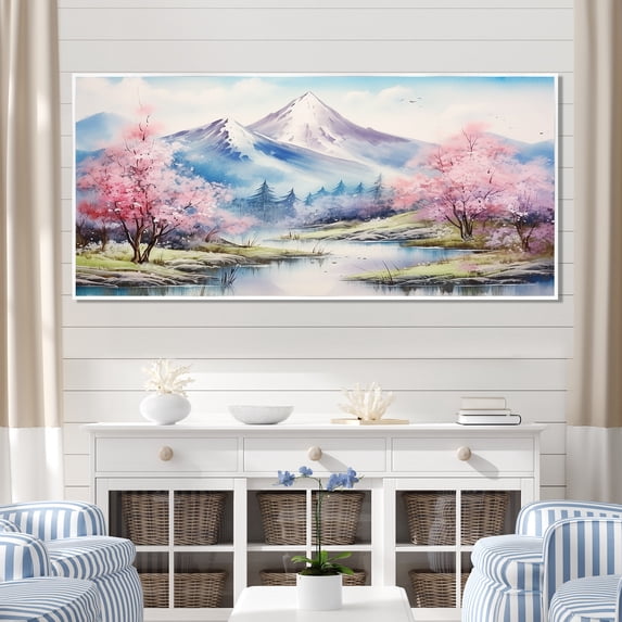 Designart "Sakura Summit Fog Pink Beauty in Japan's Mountains I" Extra Large Landscapes Framed Wall Art - Traditional Pink Japan Entryway Framed Wall Art Print