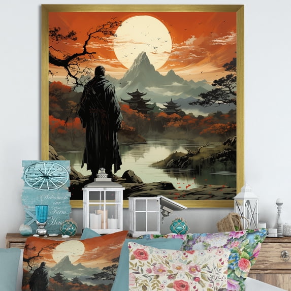Designart "Samurai Guardian of Japanese Mountains IV" Landscapes Framed Wall Art Decor - Traditional Orange Japan Bedroom Framed Canvas Wall Art