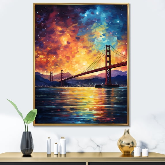 Designart "San Francisco Bridge under Starry Night" Landscapes Framed Wall Art - Traditional Blue Vangogh Bedroom Framed Canvas Wall Art