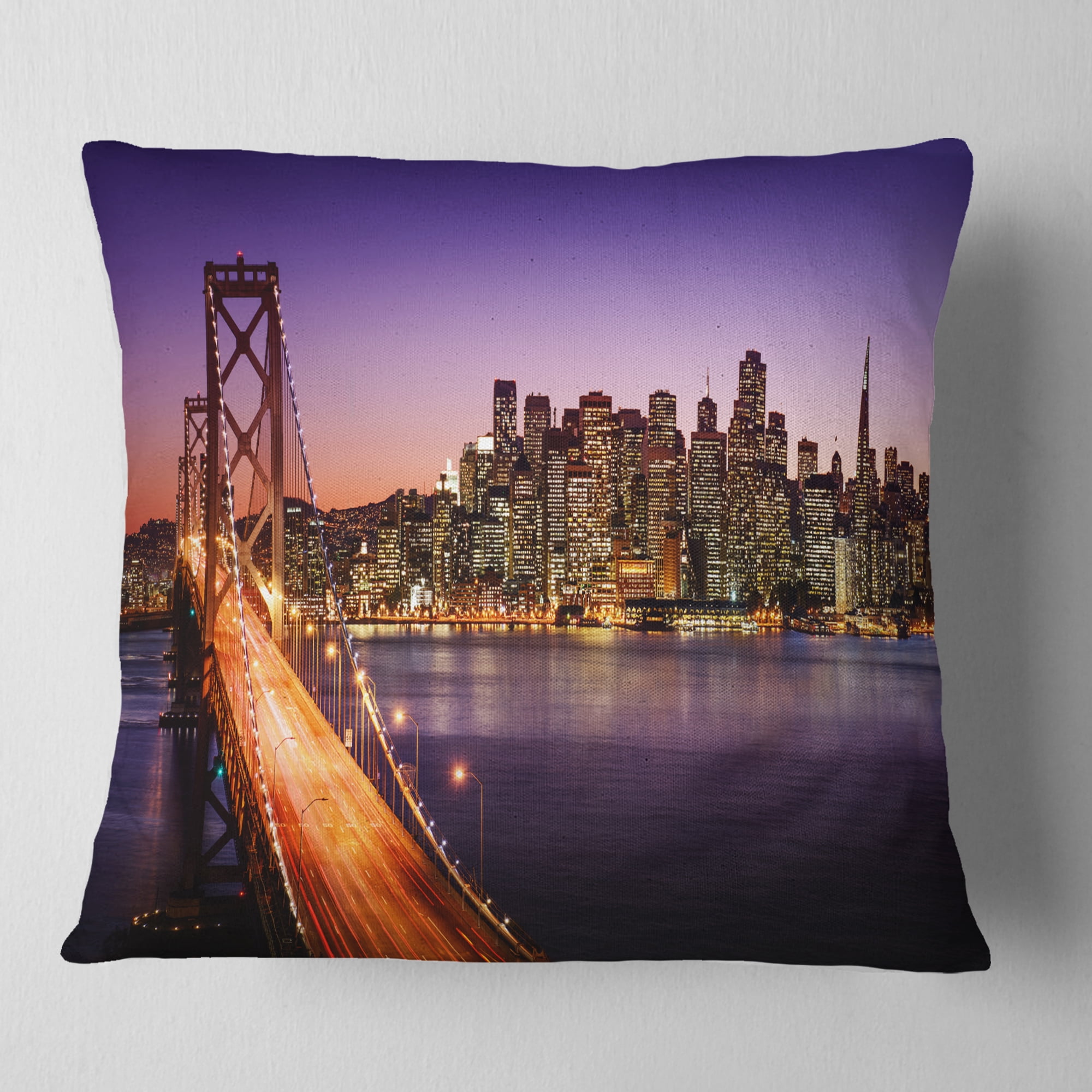 Designart San Francisco skyline and Bay Bridge - Sea Bridge Throw Pillow - 18x18