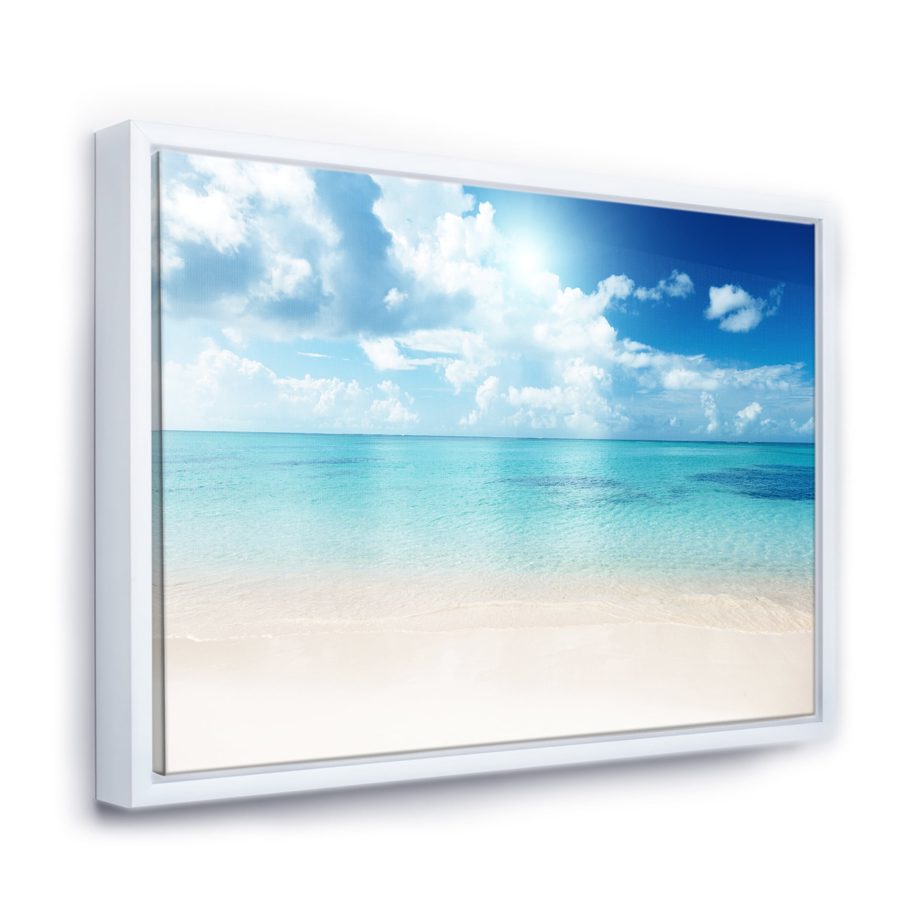 Designart ' Sand of Beach in Blue Caribbean Sea ' Modern Seascape Framed Canvas Artwork