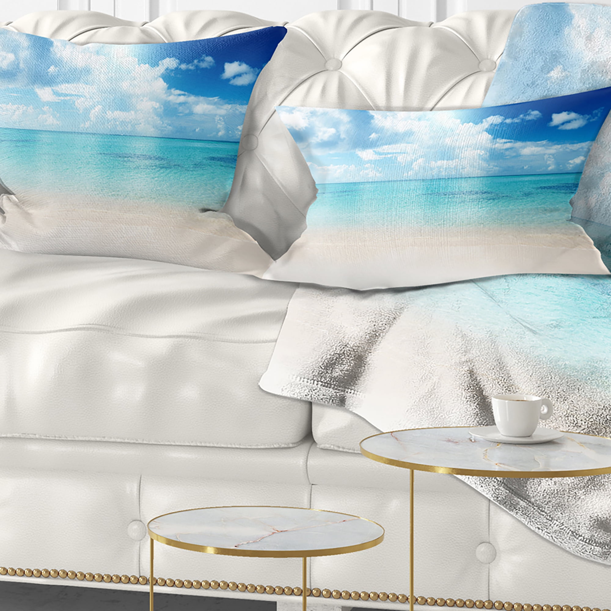 Designart Sand of Beach in Blue Caribbean Sea - Modern Seascape Throw Pillow - 12x20