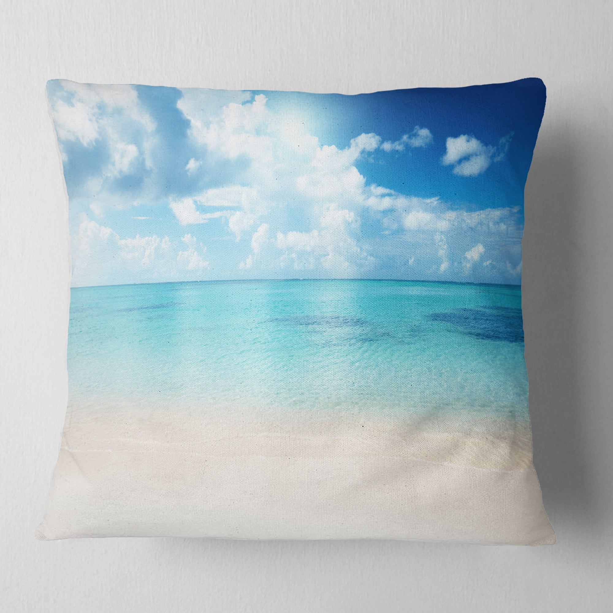 Designart Sand of Beach in Blue Caribbean Sea - Modern Seascape Throw Pillow - 18x18