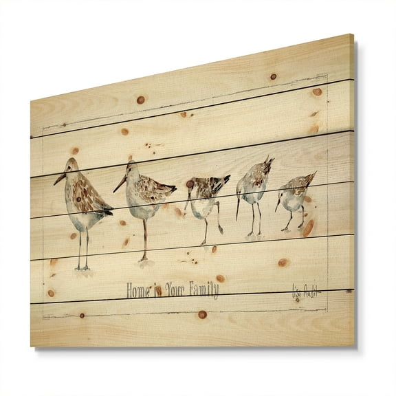 Designart 'Sandpipers and Pebbles Family' Traditional Print on Natural Pine Wood